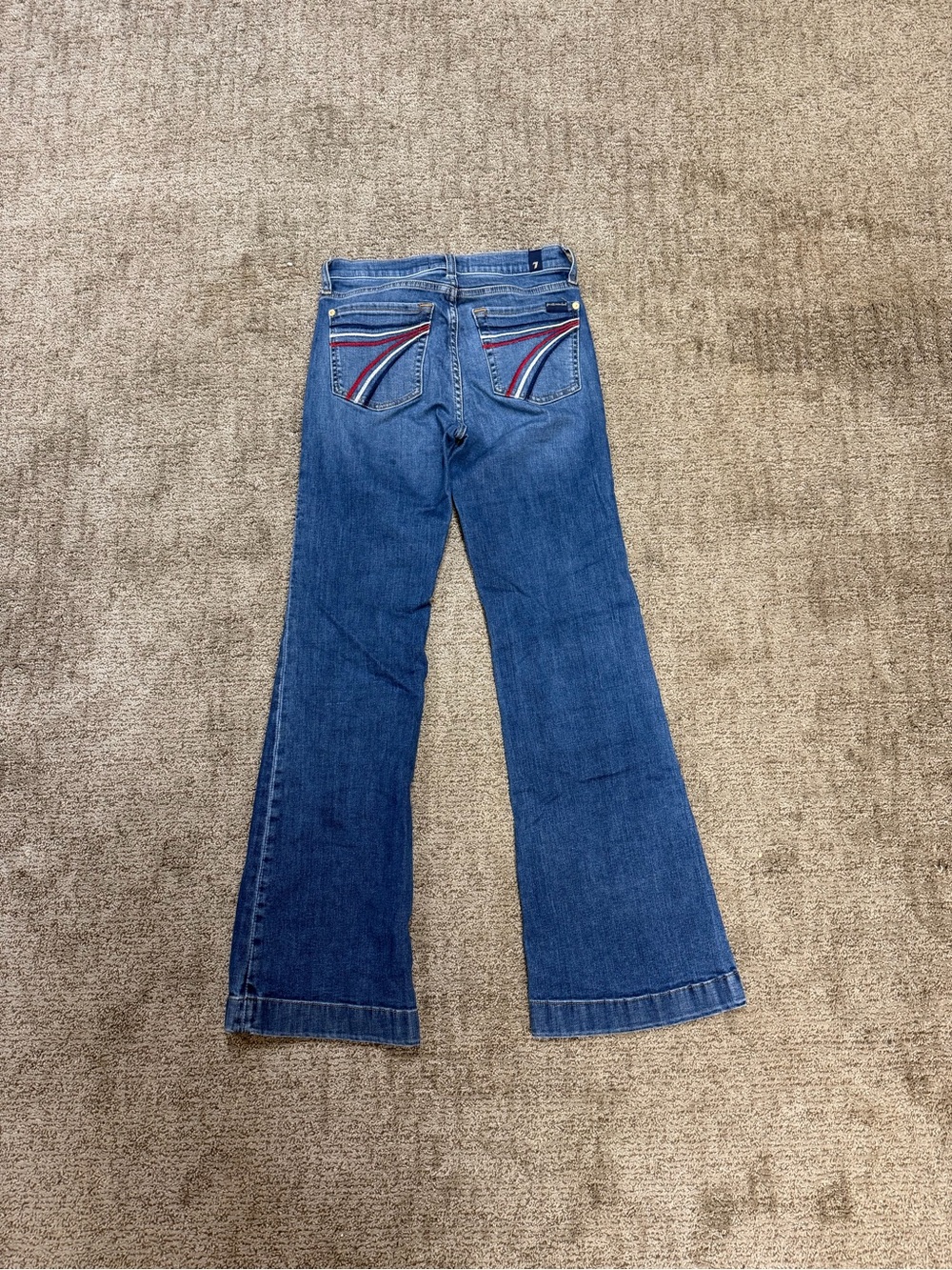7 For All Mankind Blue Flare Jeans with Red & White Pocket Accent